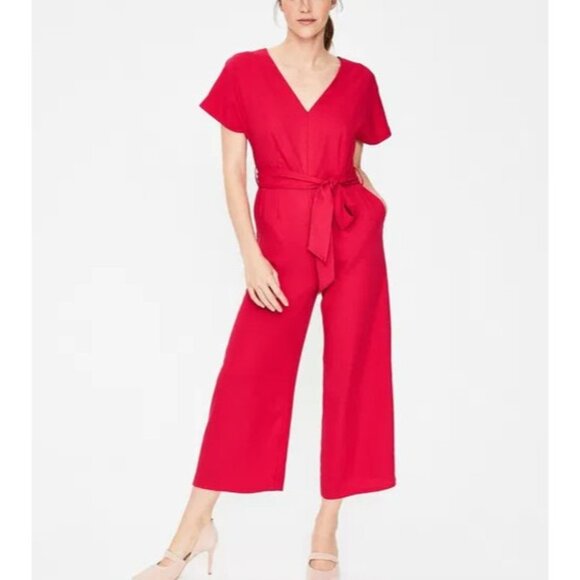 Boden Romilly Jumpsuit Size 4R Belted With Pockets Wide Cropped Leg Red V-Neck - Picture 1 of 14